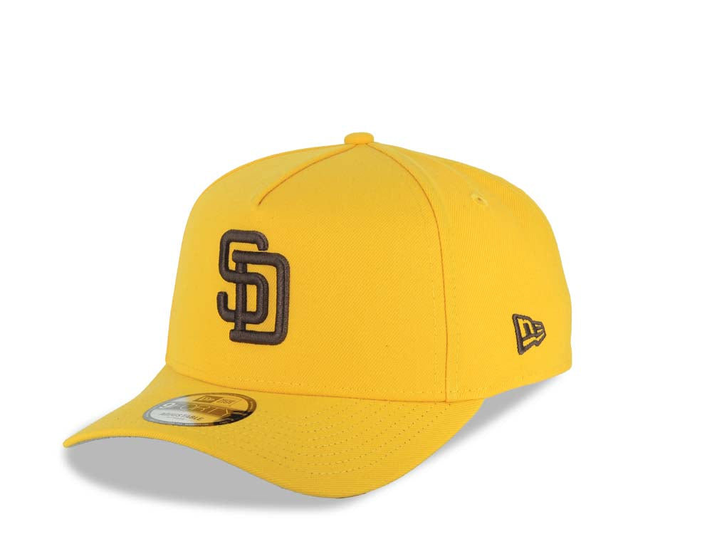 San Diego Padres New Era MLB 9FORTY 940 Adjustable A-Frame Cap Hat Yellow Crown/Visor Dark Brown Logo 1998 World Series Side Patch