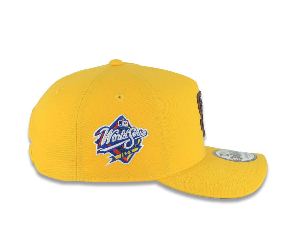 San Diego Padres New Era MLB 9FORTY 940 Adjustable A-Frame Cap Hat Yellow Crown/Visor Dark Brown Logo 1998 World Series Side Patch