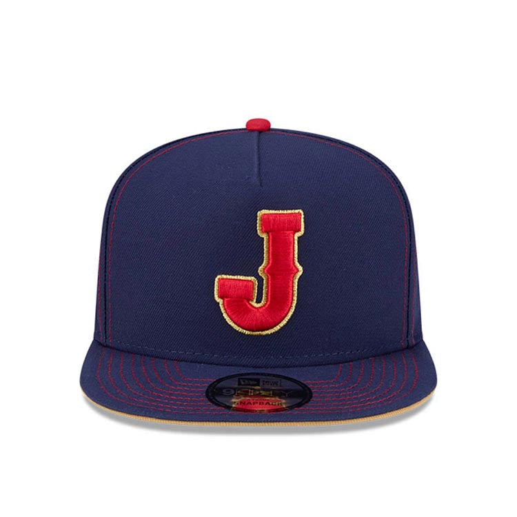 Japan New Era WBC World Baseball Classic 9FIFTY 950 Snapback A-Frame Cap Hat Navy Blue Crown/Visor Red/Metallic Gold Logo Japan Flag Side Patch