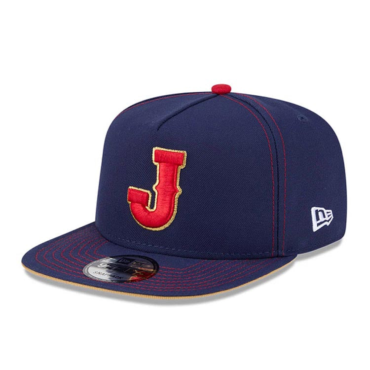 Japan New Era WBC World Baseball Classic 9FIFTY 950 Snapback A-Frame Cap Hat Navy Blue Crown/Visor Red/Metallic Gold Logo Japan Flag Side Patch