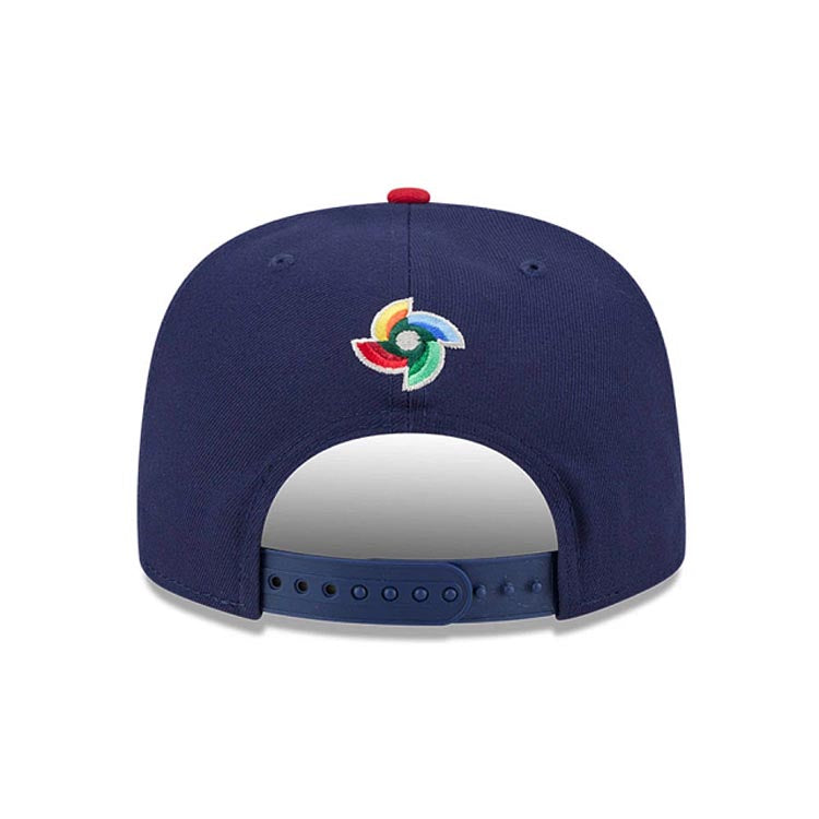 Japan New Era WBC World Baseball Classic 9FIFTY 950 Snapback A-Frame Cap Hat Navy Blue Crown/Visor Red/Metallic Gold Logo Japan Flag Side Patch
