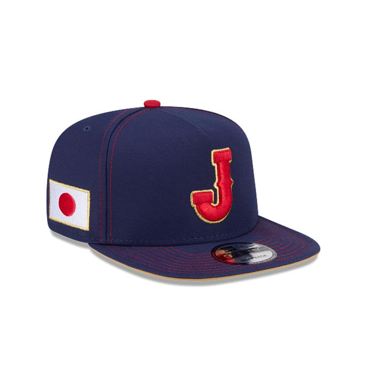 Japan New Era WBC World Baseball Classic 9FIFTY 950 Snapback A-Frame Cap Hat Navy Blue Crown/Visor Red/Metallic Gold Logo Japan Flag Side Patch