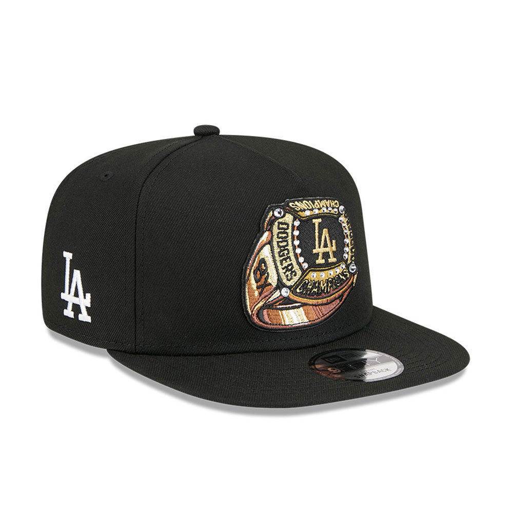 Los Angeles Dodgers New Era MLB 9FIFTY 950 A-Frame Snapback Cap Hat Black Crown/Visor Metallic Gold/Bronze Logo 8x Champions Ring Green UV