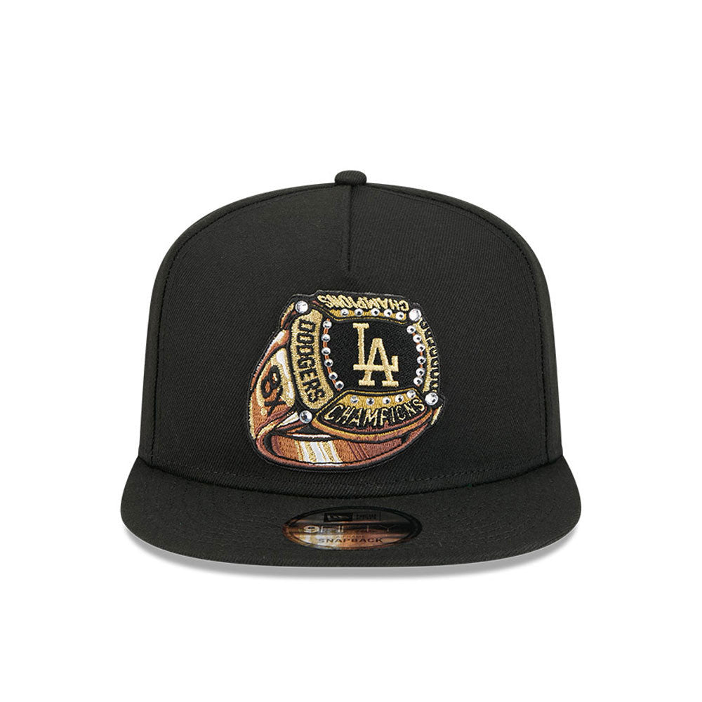 Los Angeles Dodgers New Era MLB 9FIFTY 950 A-Frame Snapback Cap Hat Black Crown/Visor Metallic Gold/Bronze Logo 8x Champions Ring Green UV