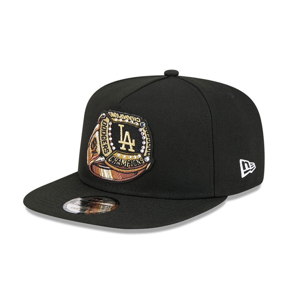 Los Angeles Dodgers New Era MLB 9FIFTY 950 A-Frame Snapback Cap Hat Black Crown/Visor Metallic Gold/Bronze Logo 8x Champions Ring Green UV
