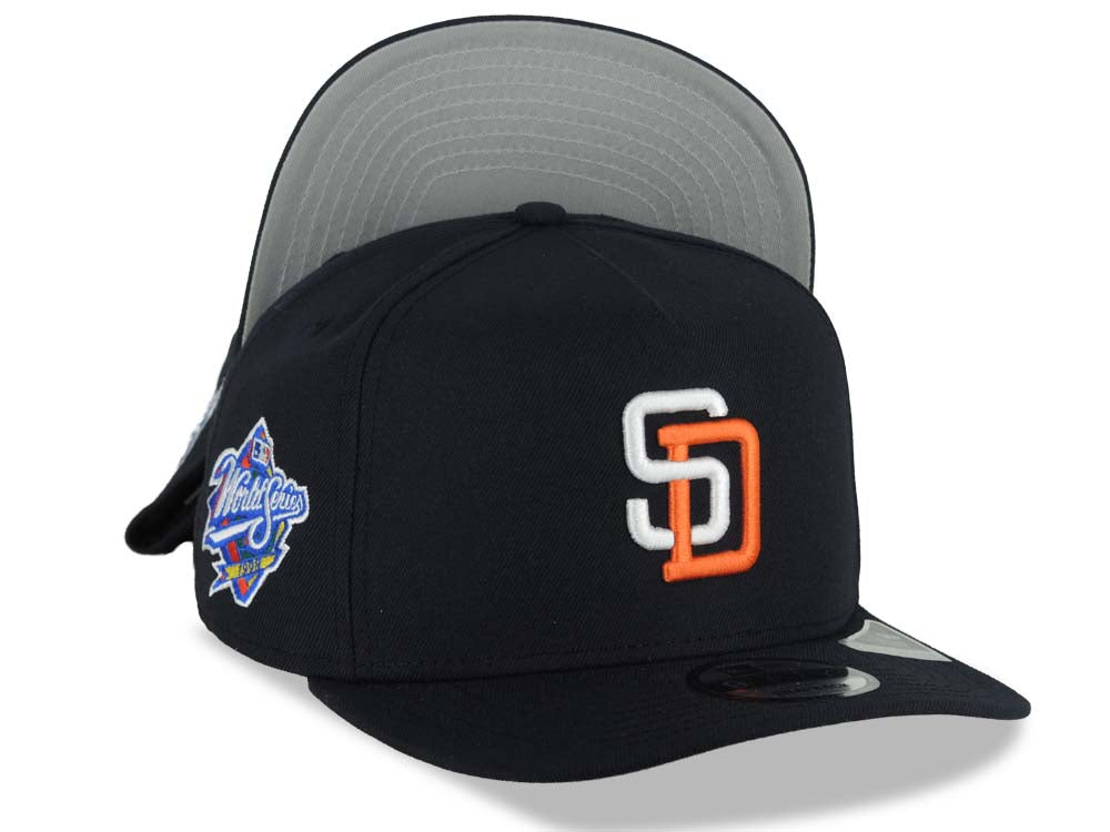 San Diego Padres New Era MLB 9FIFTY 950 A-Frame Snapback Cap Hat Navy Blue Crown/Visor White/Orange Logo 1998 World Series Side Patch Gray UV