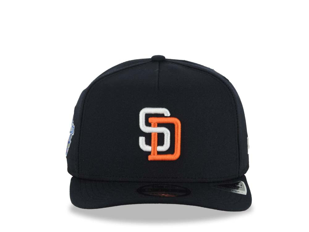 San Diego Padres New Era MLB 9FIFTY 950 A-Frame Snapback Cap Hat Navy Blue Crown/Visor White/Orange Logo 1998 World Series Side Patch Gray UV