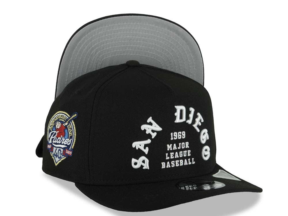 San Diego Padres New Era MLB 9FIFTY 950 Snapback A-Frame Cap Hat Black Crown/Visor White Logo 1969 Major League Baseball 40th Anniversary Side Patch