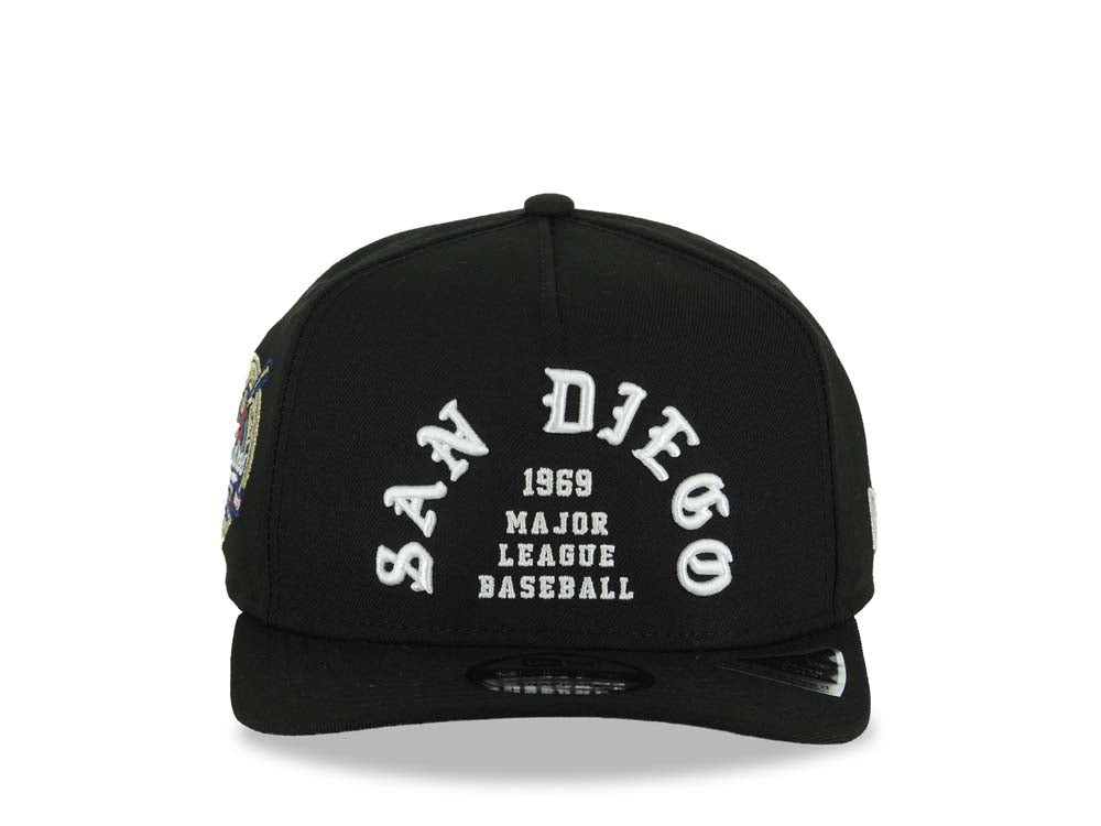 San Diego Padres New Era MLB 9FIFTY 950 Snapback A-Frame Cap Hat Black Crown/Visor White Logo 1969 Major League Baseball 40th Anniversary Side Patch