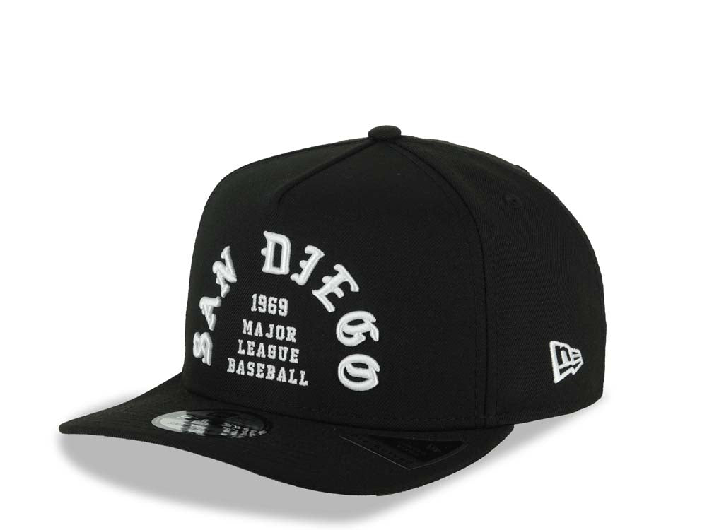 San Diego Padres New Era MLB 9FIFTY 950 Snapback A-Frame Cap Hat Black Crown/Visor White Logo 1969 Major League Baseball 40th Anniversary Side Patch