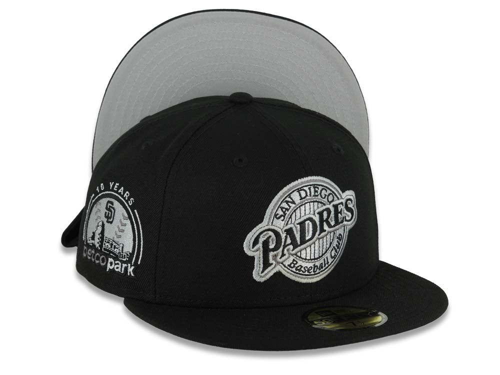 San Diego Padres New Era MLB 59FIFTY 5950 Fitted Cap Hat Black Crown/Visor Black/Gray Baseball Club Logo Petco Park 10 Years Side Patch Gray UV