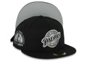 San Diego Padres New Era MLB 59FIFTY 5950 Fitted Cap Hat Black Crown/Visor Black/Gray Baseball Club Logo Petco Park 10 Years Side Patch Gray UV