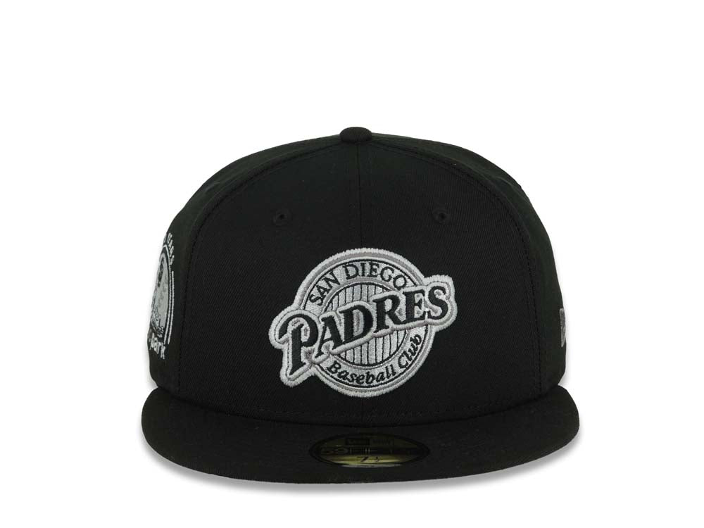 San Diego Padres New Era MLB 59FIFTY 5950 Fitted Cap Hat Black Crown/Visor Black/Gray Baseball Club Logo Petco Park 10 Years Side Patch Gray UV
