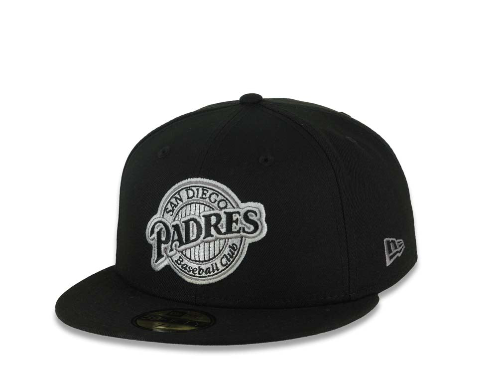 San Diego Padres New Era MLB 59FIFTY 5950 Fitted Cap Hat Black Crown/Visor Black/Gray Baseball Club Logo Petco Park 10 Years Side Patch Gray UV