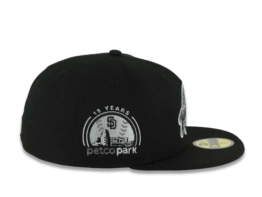 San Diego Padres New Era MLB 59FIFTY 5950 Fitted Cap Hat Black Crown/Visor Black/Gray Baseball Club Logo Petco Park 10 Years Side Patch Gray UV