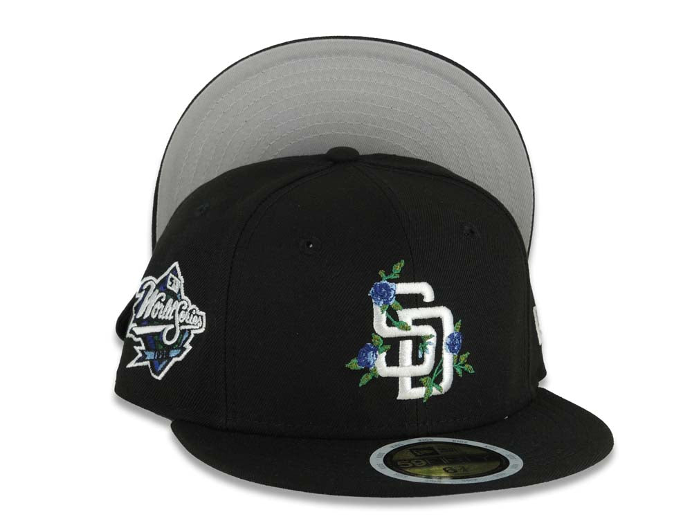 (Youth) San Diego Padres New Era MLB 59FIFTY 5950 Fitted Cap Hat Black Crown/Visor White Logo With Rose 1998 World Series Side Patch Gray UV