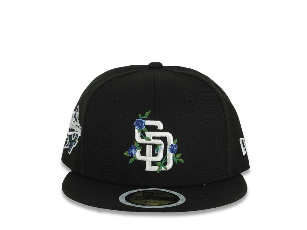 (Youth) San Diego Padres New Era MLB 59FIFTY 5950 Fitted Cap Hat Black Crown/Visor White Logo With Rose 1998 World Series Side Patch Gray UV