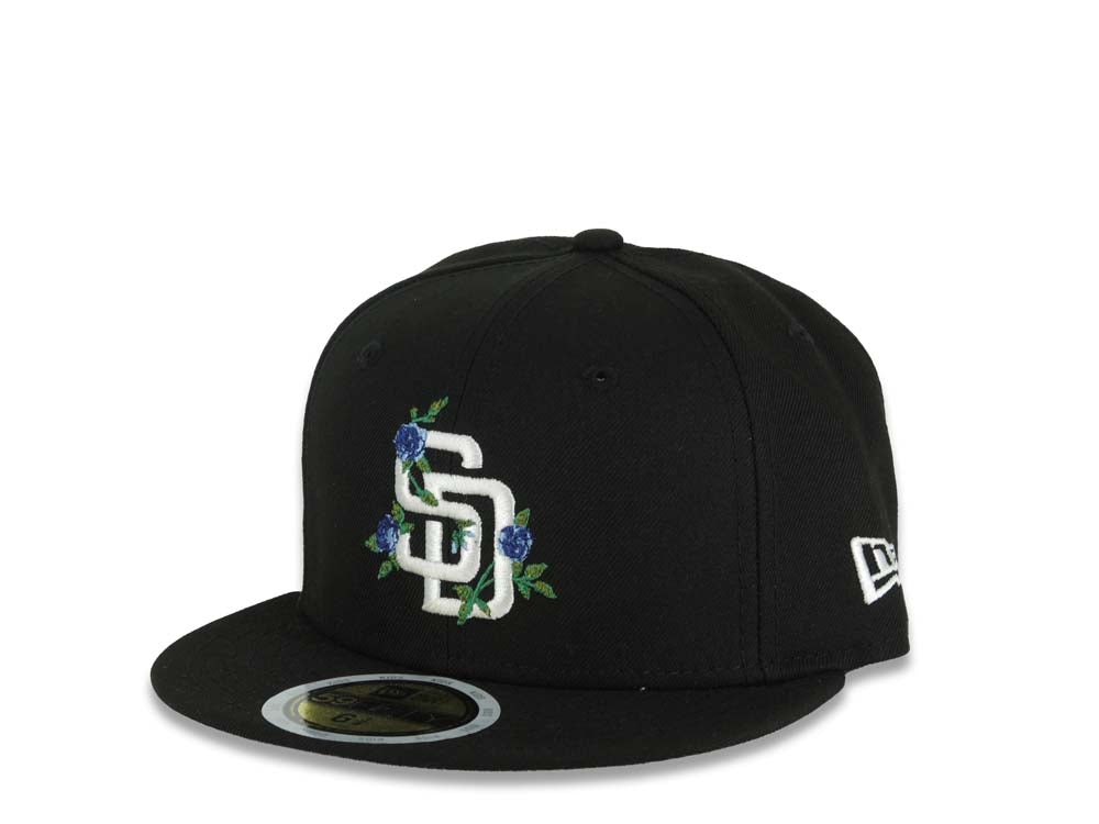(Youth) San Diego Padres New Era MLB 59FIFTY 5950 Fitted Cap Hat Black Crown/Visor White Logo With Rose 1998 World Series Side Patch Gray UV