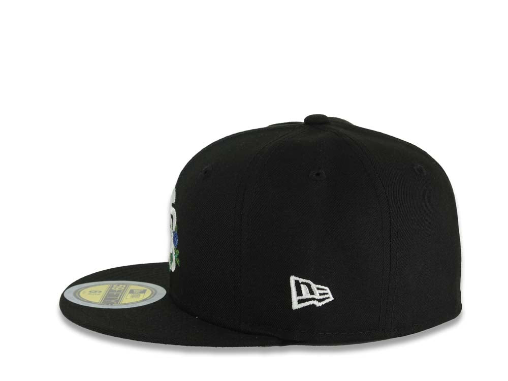 (Youth) San Diego Padres New Era MLB 59FIFTY 5950 Fitted Cap Hat Black Crown/Visor White Logo With Rose 1998 World Series Side Patch Gray UV