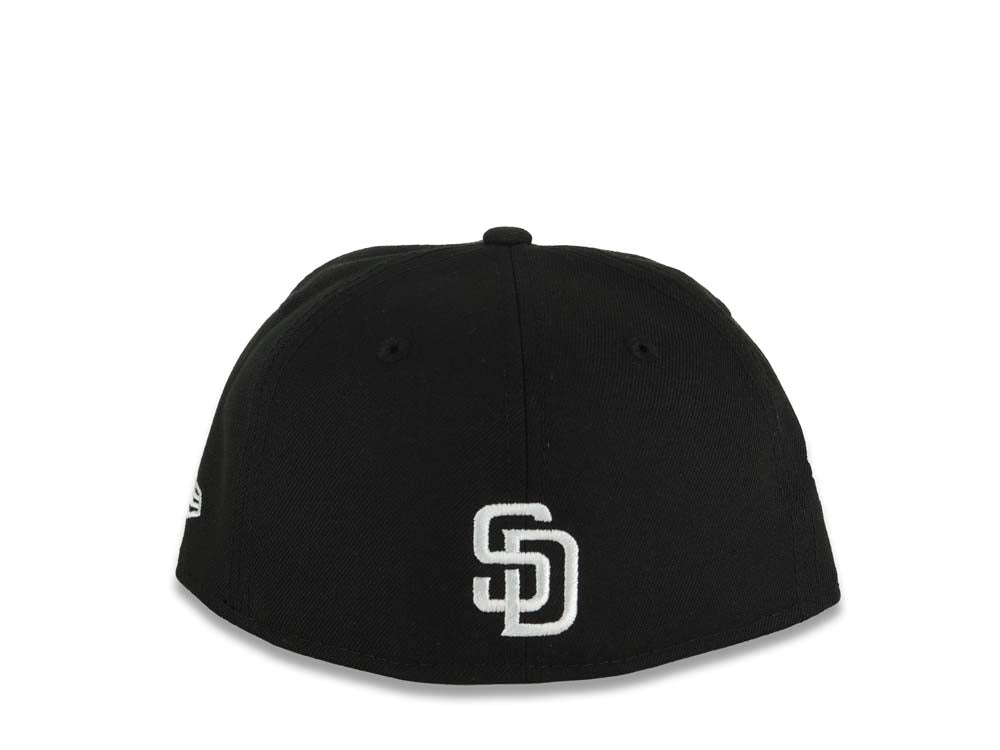 (Youth) San Diego Padres New Era MLB 59FIFTY 5950 Fitted Cap Hat Black Crown/Visor White Logo With Rose 1998 World Series Side Patch Gray UV