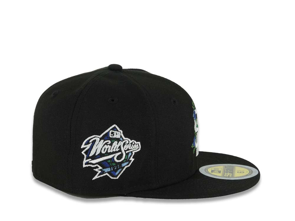 (Youth) San Diego Padres New Era MLB 59FIFTY 5950 Fitted Cap Hat Black Crown/Visor White Logo With Rose 1998 World Series Side Patch Gray UV