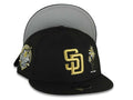 (Youth)San Diego Padres New Era MLB 9FIFTY 950 Kid Snapback Cap Hat Black Crown/Visor Metallic Gold Logo With Palm 40th Anniversary Side Patch Gray UV