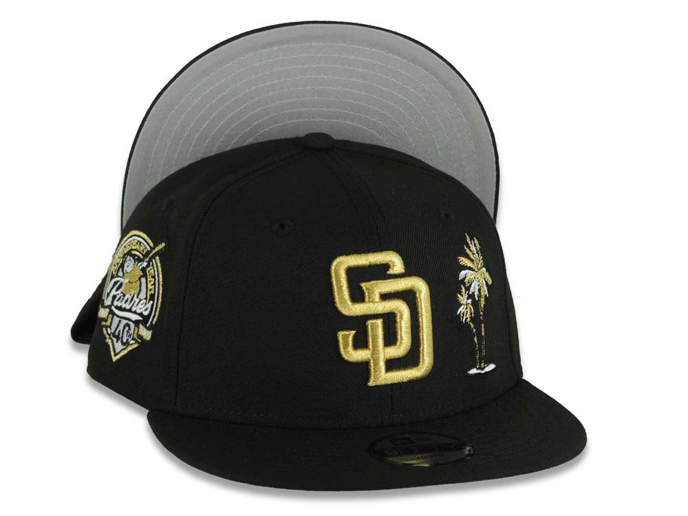 (Youth)San Diego Padres New Era MLB 9FIFTY 950 Kid Snapback Cap Hat Black Crown/Visor Metallic Gold Logo With Palm 40th Anniversary Side Patch Gray UV