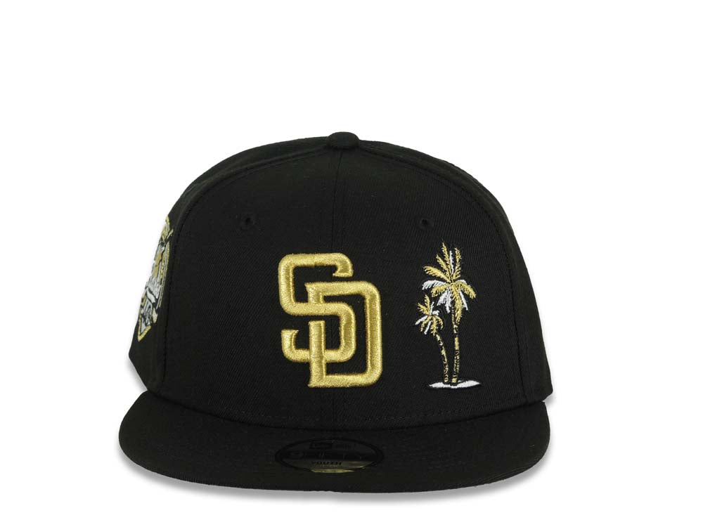 (Youth)San Diego Padres New Era MLB 9FIFTY 950 Kid Snapback Cap Hat Black Crown/Visor Metallic Gold Logo With Palm 40th Anniversary Side Patch Gray UV