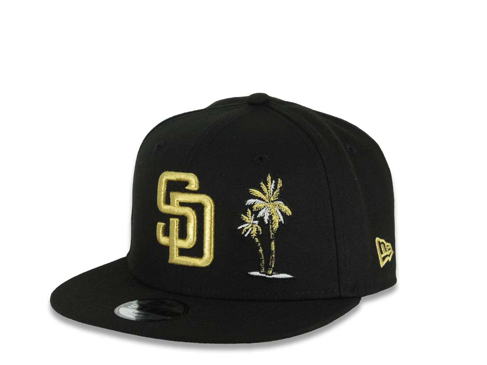 (Youth)San Diego Padres New Era MLB 9FIFTY 950 Kid Snapback Cap Hat Black Crown/Visor Metallic Gold Logo With Palm 40th Anniversary Side Patch Gray UV