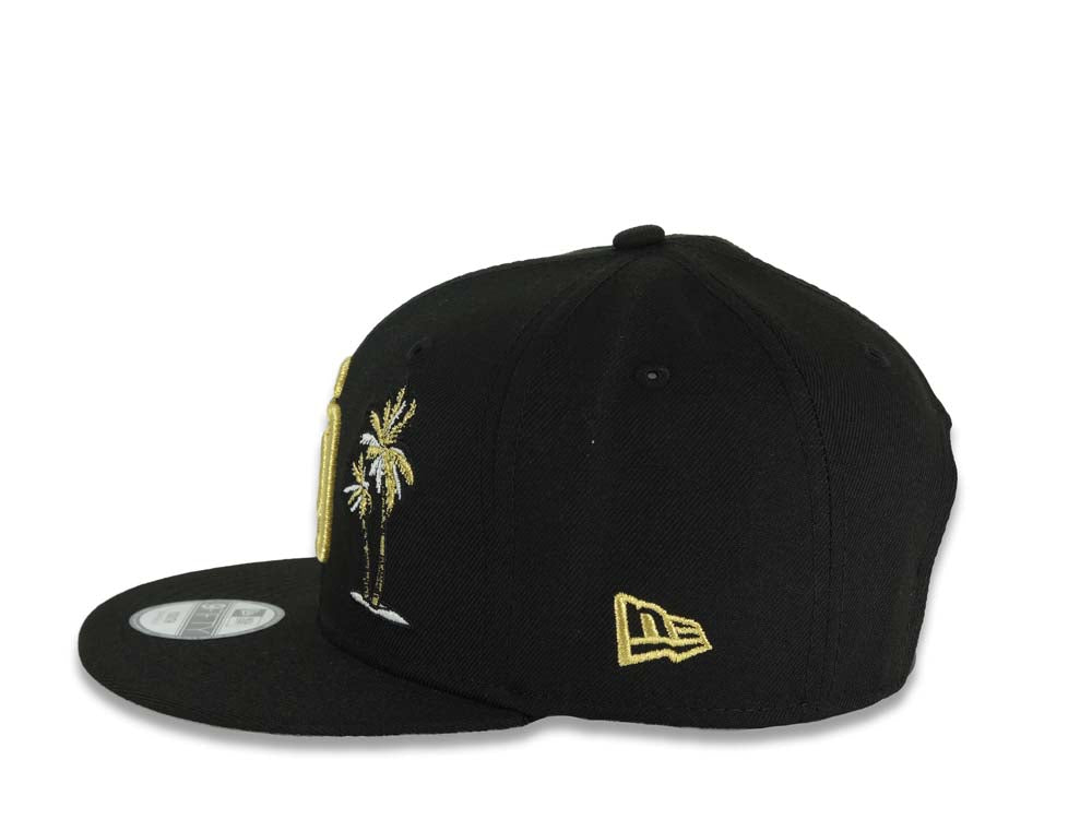 (Youth)San Diego Padres New Era MLB 9FIFTY 950 Kid Snapback Cap Hat Black Crown/Visor Metallic Gold Logo With Palm 40th Anniversary Side Patch Gray UV