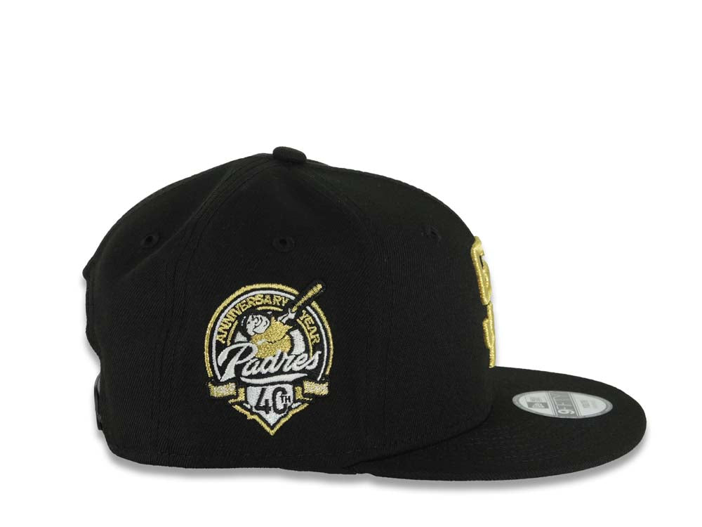 (Youth)San Diego Padres New Era MLB 9FIFTY 950 Kid Snapback Cap Hat Black Crown/Visor Metallic Gold Logo With Palm 40th Anniversary Side Patch Gray UV