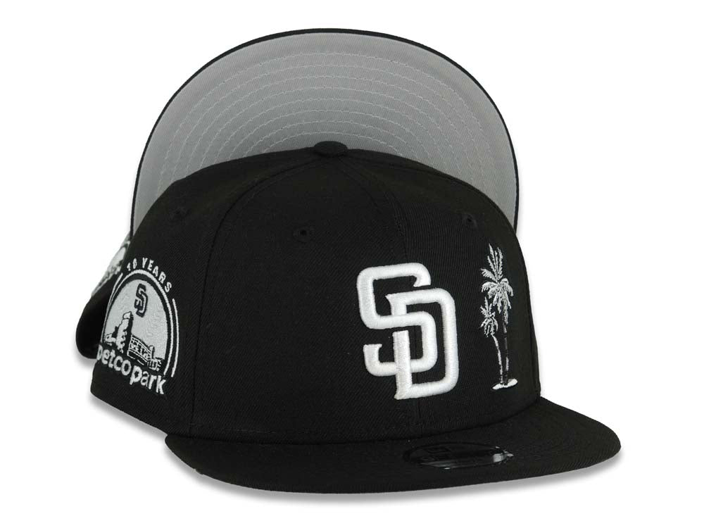 (Youth)San Diego Padres New Era MLB 9FIFTY 950 Kid Snapback Cap Hat Black Crown/Visor White Logo With Palm Tree 10 Years Petcopark Side Patch Gray UV