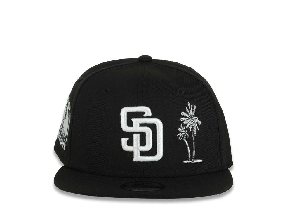 (Youth)San Diego Padres New Era MLB 9FIFTY 950 Kid Snapback Cap Hat Black Crown/Visor White Logo With Palm Tree 10 Years Petcopark Side Patch Gray UV