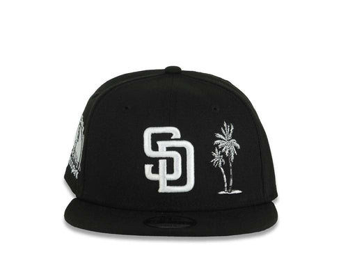 (Youth)San Diego Padres New Era MLB 9FIFTY 950 Kid Snapback Cap Hat Black Crown/Visor White Logo With Palm Tree 10 Years Petcopark Side Patch Gray UV