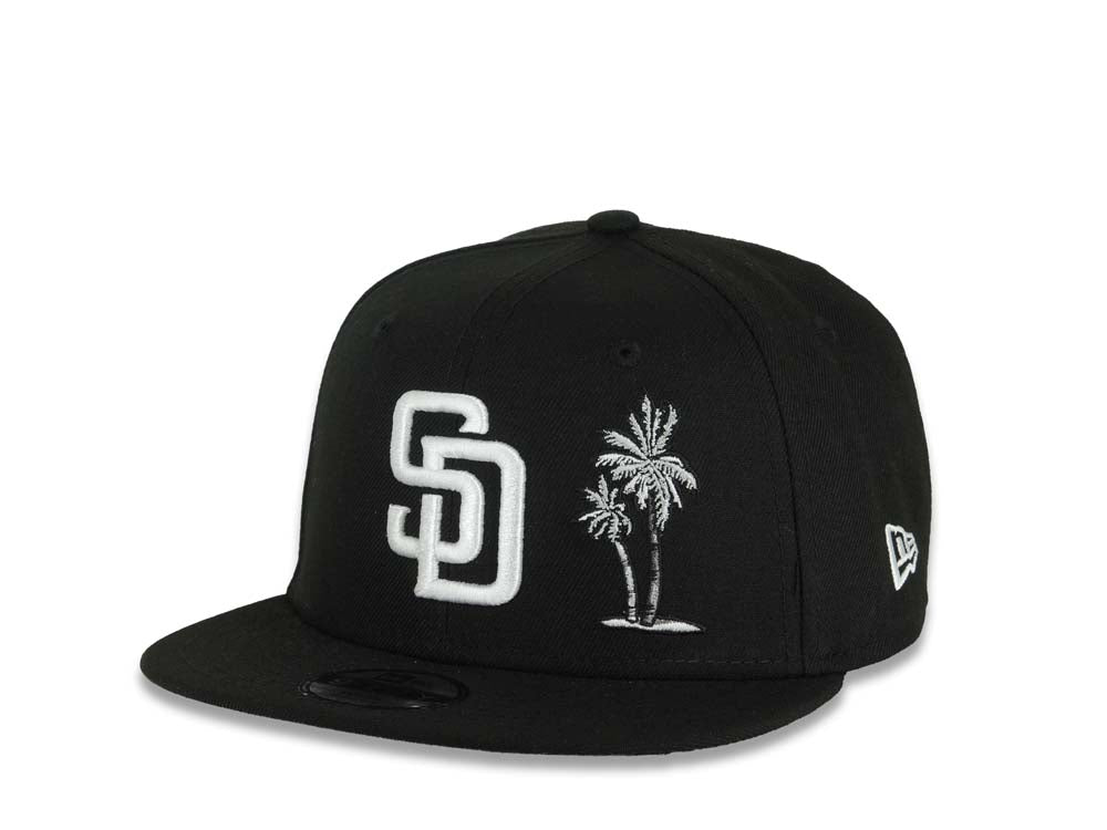 (Youth)San Diego Padres New Era MLB 9FIFTY 950 Kid Snapback Cap Hat Black Crown/Visor White Logo With Palm Tree 10 Years Petcopark Side Patch Gray UV