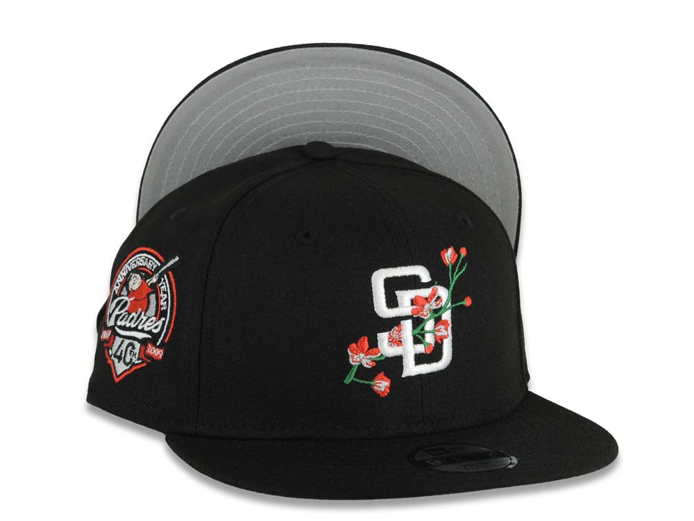(Youth) San Diego Padres New Era MLB 9FIFTY 950 Kid Snapback Cap Hat Black Crown/Visor White Logo With Rose 40th Anniversary Side Patch Gray UV