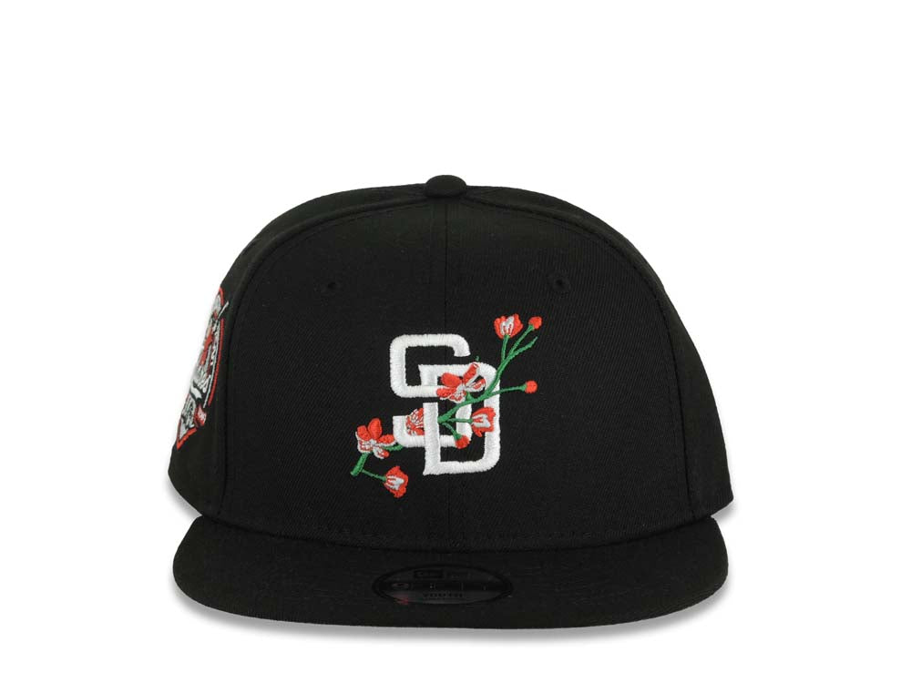(Youth) San Diego Padres New Era MLB 9FIFTY 950 Kid Snapback Cap Hat Black Crown/Visor White Logo With Rose 40th Anniversary Side Patch Gray UV