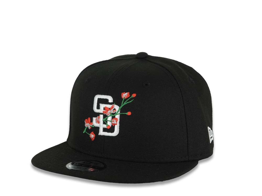(Youth) San Diego Padres New Era MLB 9FIFTY 950 Kid Snapback Cap Hat Black Crown/Visor White Logo With Rose 40th Anniversary Side Patch Gray UV