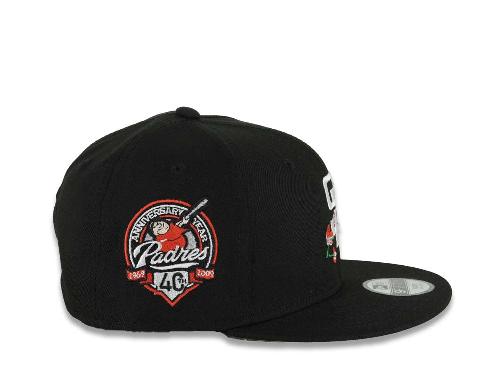 (Youth) San Diego Padres New Era MLB 9FIFTY 950 Kid Snapback Cap Hat Black Crown/Visor White Logo With Rose 40th Anniversary Side Patch Gray UV