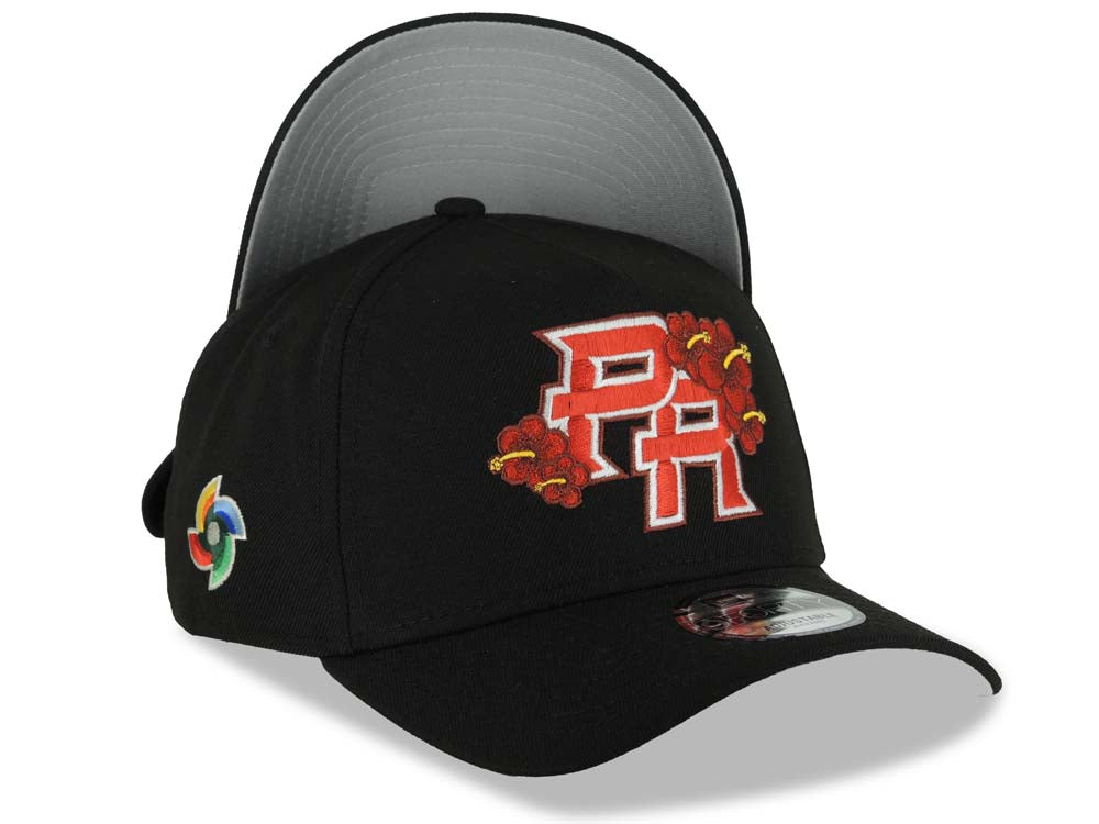 Puerto Rico New Era 9FORTY 940 Adjustable A-Frame Cap Hat Black Crown/Visor Red/White/Yellow Flower Logo World Baseball Classic Side Patch Gray UV