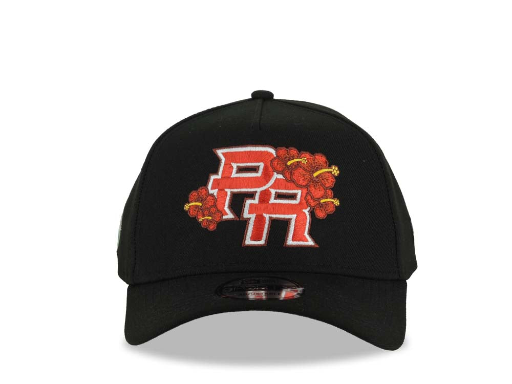 Puerto Rico New Era 9FORTY 940 Adjustable A-Frame Cap Hat Black Crown/Visor Red/White/Yellow Flower Logo World Baseball Classic Side Patch Gray UV