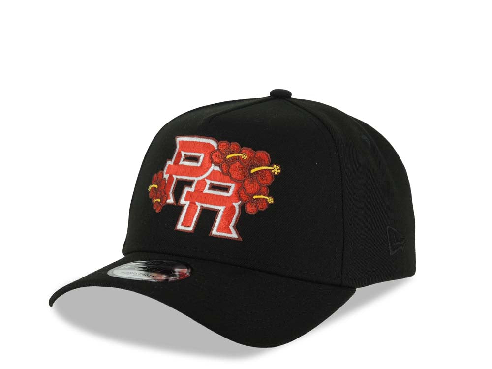 Puerto Rico New Era 9FORTY 940 Adjustable A-Frame Cap Hat Black Crown/Visor Red/White/Yellow Flower Logo World Baseball Classic Side Patch Gray UV