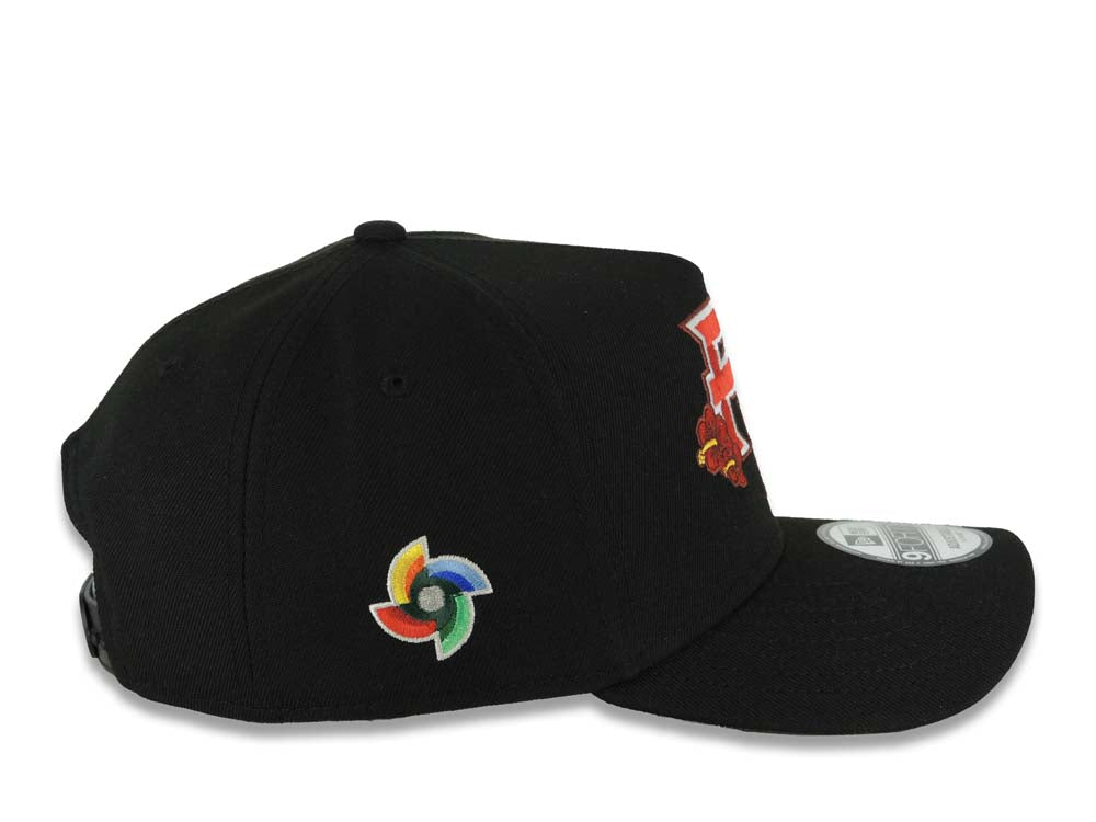Puerto Rico New Era 9FORTY 940 Adjustable A-Frame Cap Hat Black Crown/Visor Red/White/Yellow Flower Logo World Baseball Classic Side Patch Gray UV