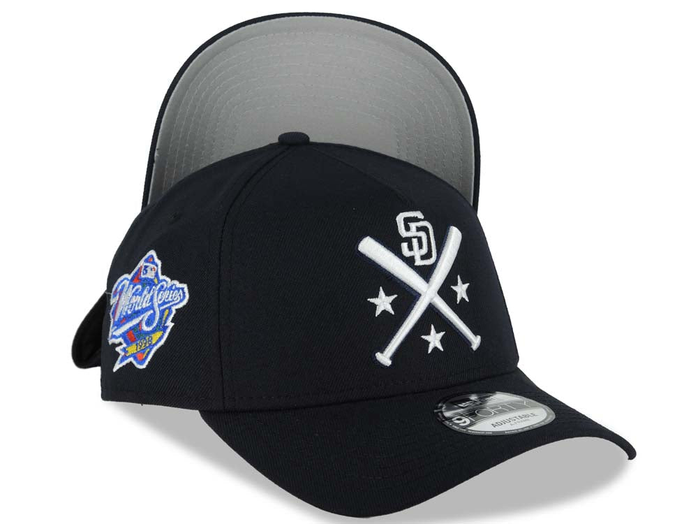 San Diego Padres New Era MLB 9FORTY 940 Adjustable A-Frame Cap Hat Navy Crown/Visor White Bats Logo 1998 World Series Side Patch Gray UV