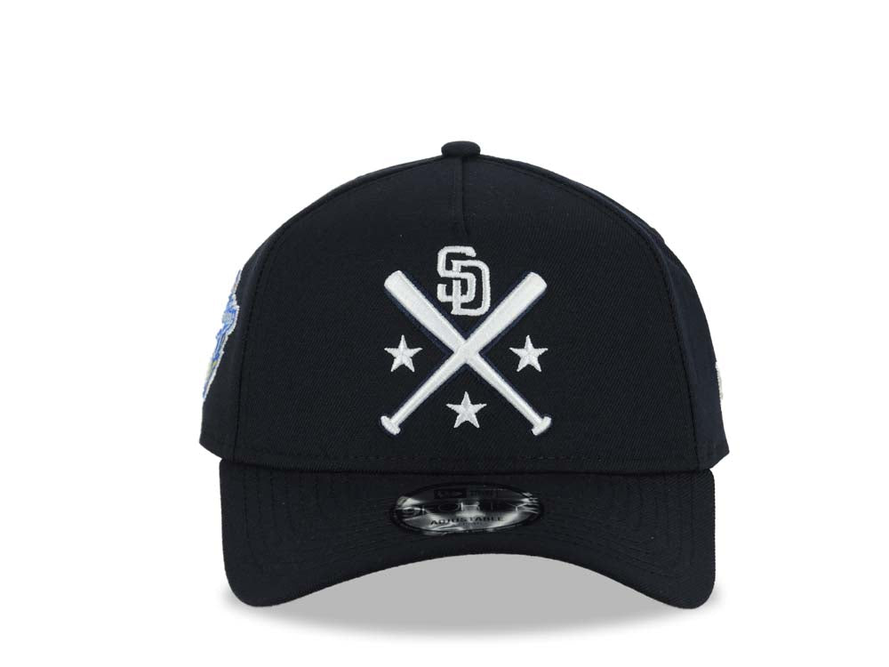 San Diego Padres New Era MLB 9FORTY 940 Adjustable A-Frame Cap Hat Navy Crown/Visor White Bats Logo 1998 World Series Side Patch Gray UV