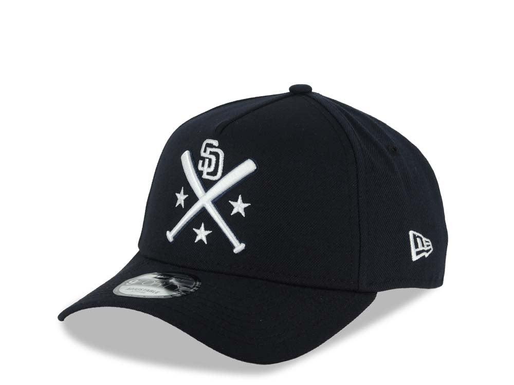San Diego Padres New Era MLB 9FORTY 940 Adjustable A-Frame Cap Hat Navy Crown/Visor White Bats Logo 1998 World Series Side Patch Gray UV