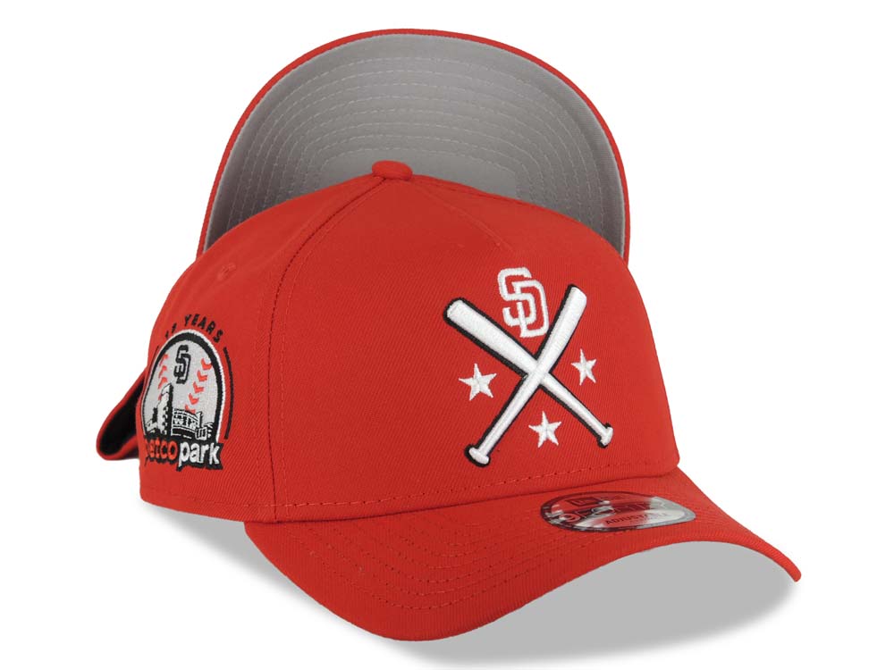 San Diego Padres New Era MLB 9FORTY 940 Adjustable A-Frame Cap Hat Red Crown/Visor White Bats Logo Petco Park 10 Years Side Patch Gray UV