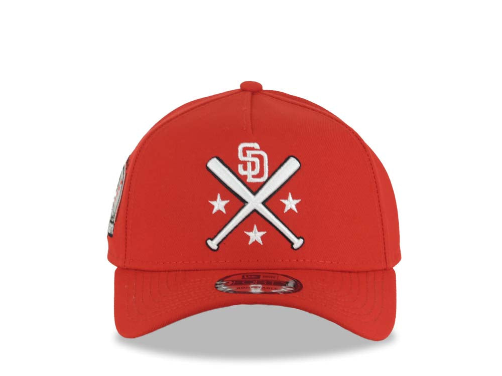 San Diego Padres New Era MLB 9FORTY 940 Adjustable A-Frame Cap Hat Red Crown/Visor White Bats Logo Petco Park 10 Years Side Patch Gray UV