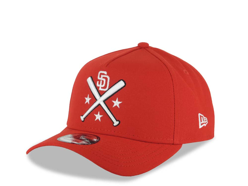 San Diego Padres New Era MLB 9FORTY 940 Adjustable A-Frame Cap Hat Red Crown/Visor White Bats Logo Petco Park 10 Years Side Patch Gray UV