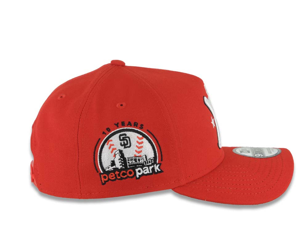 San Diego Padres New Era MLB 9FORTY 940 Adjustable A-Frame Cap Hat Red Crown/Visor White Bats Logo Petco Park 10 Years Side Patch Gray UV